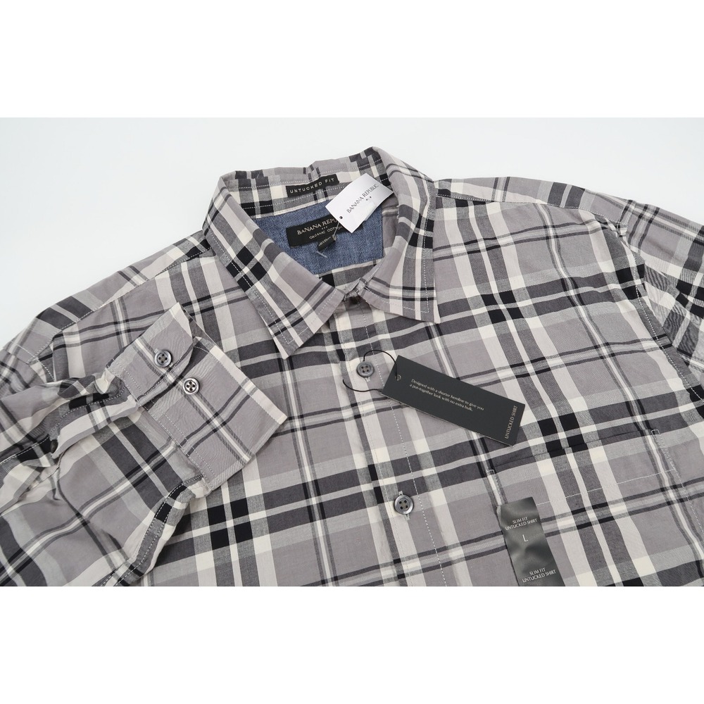 Banana Republic Button Down Shirt Mens Large Gray Plaid Slim Untucked Fit New